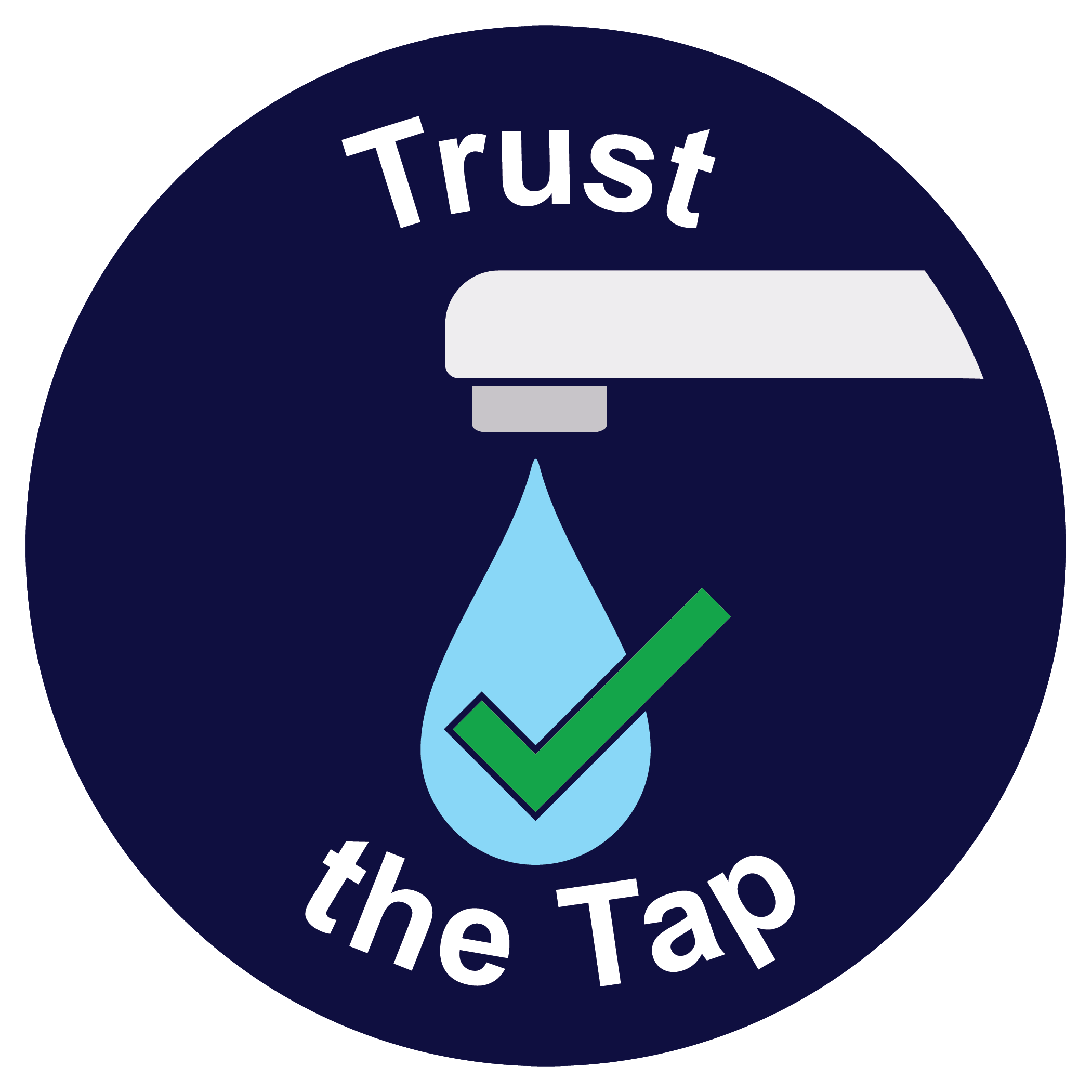 Trust the Tap logo - water drop with a checkmark coming out of a faucet